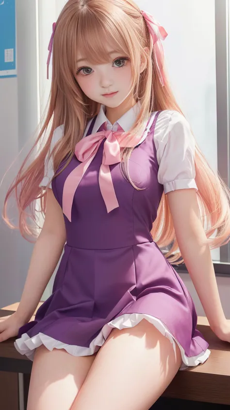 女の子 in a purple dress sitting on a desk, Ruffled mini skirt, Uniform, Slender body line, 女の子 with long hair, Cute girl visuals, ...
