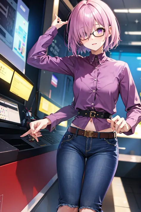 mash kyrielight,hair over one eye,  blush,  purple eyes, solo, 1girl, short hair, glasses, light purple hair, mini skirt, jeans