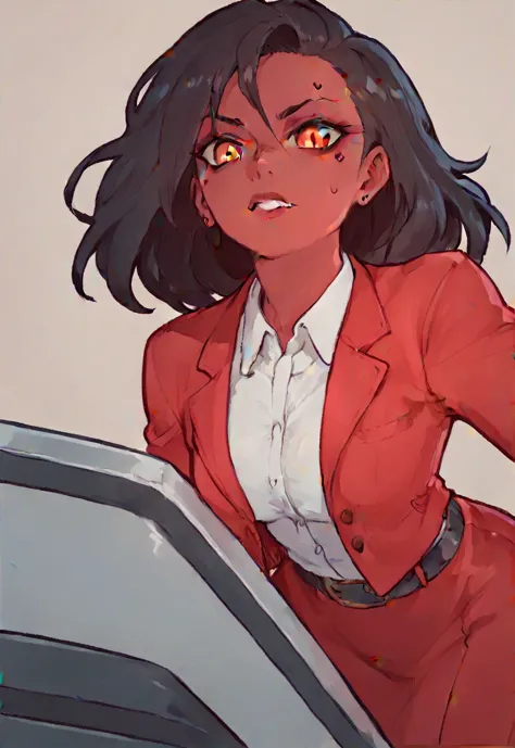 make a evil military black anime woman in a red skirt suit