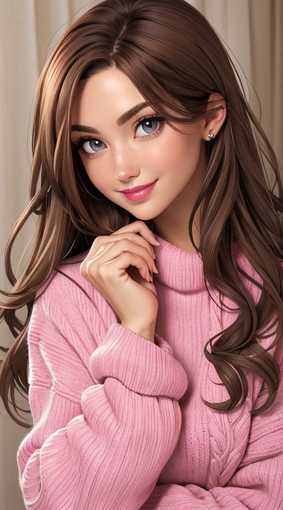 Kizi, long light brown hair, grey-eyed, happy features, Caucasian skin, pink lips, sweater