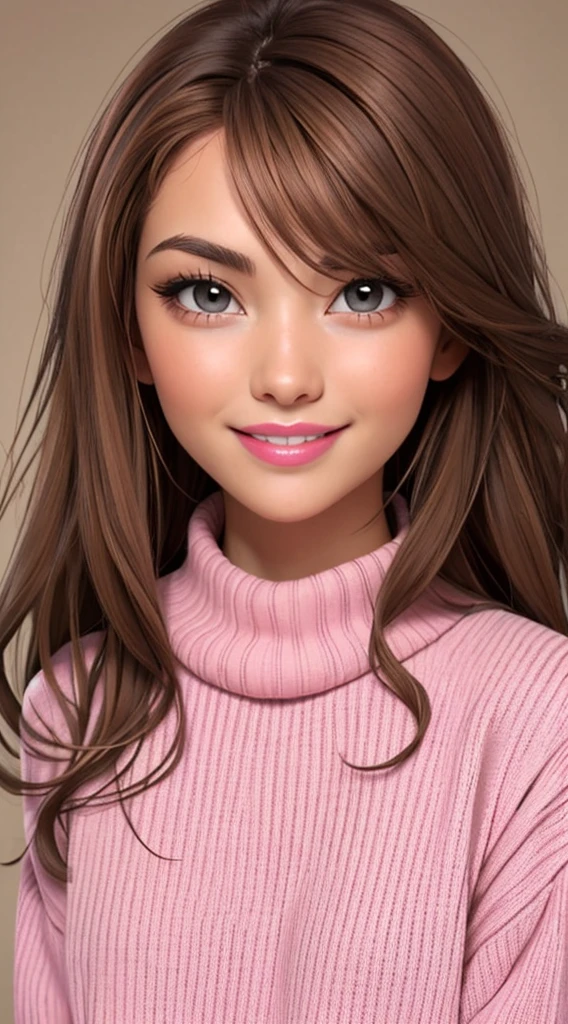 Kizi, long light brown hair, grey-eyed, happy features, Caucasian skin, pink lips, sweater