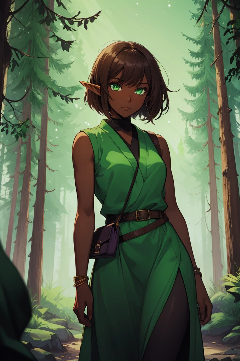 masterpiece, absurdres, 1girl, cowboyshot, tachi-e, young woman, best aesthetics, small breasts, narrow hips, thin thighs, dark hair, narrow eyes, slanted eyes, brown skin, knee-length dress, round nose, very detailed face, clean lines, dynamic pose, anatomically correct, hyperdetailed, forest atmosphere, beige eyeshadow, clean makeup, violet eyes, detailed hair, sparkling eyes, nature, magic, fantasy, medieval, high fantasy, leather leggings, comfy, cozy, tsurime eyes, SFW, mage robes, arms by side, outdoors, trees in background, simple bob haircut, messy bangs, hair framing face, straight hair, elf, adult woman, brown dress, green vest, inked comic, comic art, ankle boots, cell shading, cartoon style, tanned skin, broad shoulders, travel satchel, forest mage, dark skin, loose-fitting dress, minlan1, high fantasy, rule of thirds