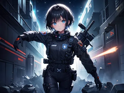 pilot suit,universe space(darkness)sf,military,one girl(short black hair)