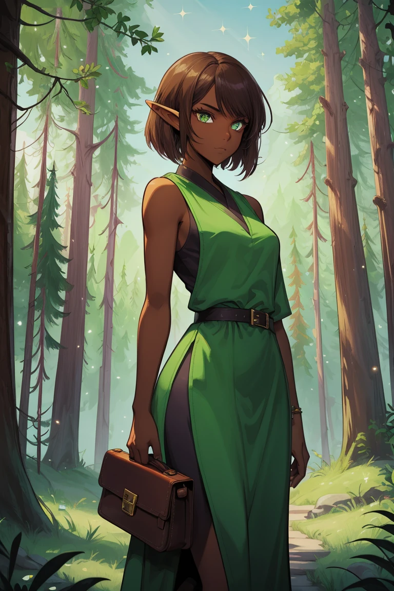 masterpiece, absurdres, 1girl, cowboyshot, tachi-e, young woman, best aesthetics, small breasts, narrow hips, thin thighs, dark hair, narrow eyes, slanted eyes, brown skin, knee-length dress, round nose, very detailed face, clean lines, dynamic pose, anatomically correct, hyperdetailed, forest atmosphere, beige eyeshadow, clean makeup, violet eyes, detailed hair, sparkling eyes, nature, magic, fantasy, medieval, high fantasy, leather leggings, comfy, cozy, tsurime eyes, SFW, mage robes, arms by side, outdoors, trees in background, simple bob haircut, messy bangs, hair framing face, straight hair, elf, adult woman, brown dress, green vest, inked comic, comic art, ankle boots, cell shading, cartoon style, tanned skin, broad shoulders, travel satchel, forest mage, dark skin, loose-fitting dress, minlan1, high fantasy, rule of thirds, cross-body robes