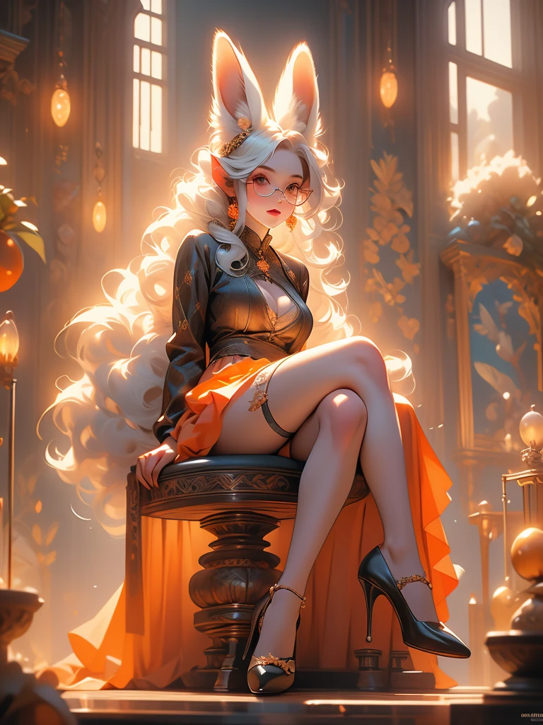 score_9, score_8_up, score_7_up, score_6_up, score_5_up, score_4_up, solo, Viera, full body, (fluffy ears, fluff in ears:1.3), sitting on a throne, view from below, black top, long sleeves, orange skirt, checkered skirt, a woman with white hair, side cornrows, legs, thighs, crossed legs, (high heels:1.1), morning sun, beautifully backlit, a detailed painting, fantasy art, 1girl, large breasts, freckles, round eyewear, pale skin, full lips, orange eyes, long hair, absurd res,
