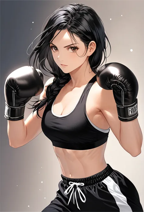 Women boxer, handsome face, sleevelees hoodie, boxing gloves, long black hair, toned, long black pants, boxing stance
