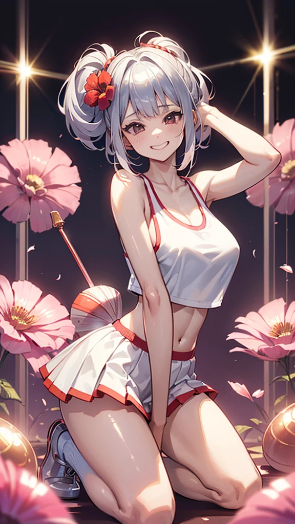 smile、Red cheeks、Official Art, masterpiece, Highest quality,One girl,Cheerleader,Tank top(silver, metallic, ) 8K,High resolution, ( flower_Styler:1.2)(Rainbow Candy:1.2),(Excellent rendering, Stand out in the same class), (Amazing details, Excellent lighting, Wide-angle), Big Breasts(0.6), Absolute area, Detailed Background、Panty shot