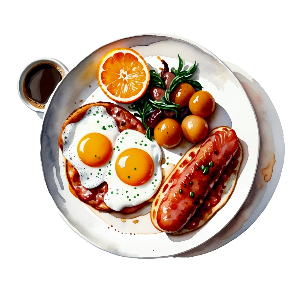 a very clean image painting of a full english breakfast menu, full dining set, solid white background, center composition, negative space around the object, washed out color, detailed masterpiece, loose drawing, clipart, vector art, illustration, a cup of (coffee), an orange juice, (watercolor)