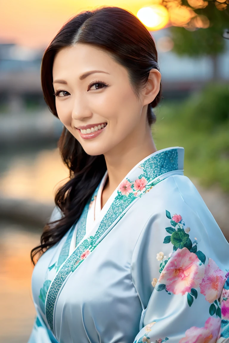 (Highest quality、Tabletop、8K、Best image quality、Award-winning works)、(One beautiful mature woman:1.1)、Adult face、(Innkeeper:1.1)、(A top-quality white kimono with an elegant floral pattern:1.2)、(A kimono with a perfect and precise collar:1.2)、Perfect mature woman portrait photo、Glowing Skin、Standing Elegantly、(Strongly blurred sunset park background:1.3)、(Spectacular Cinema Lighting:1.1)、(Tyndall effect:1.1)、(The most moody and romantic:1.1)、(Vivid beautiful sunset:1.2)、(Strongly blurred background:1.2)、Glowing Skin、Very beautiful skin、(Accentuate your body lines:1.1)、(The most graceful posture:1.2)、(Large Breasts:1.2)、A perfect smile、Perfect beautiful glossy lips、(Accurate anatomy:1.2)、(A perfect and elegant outfit:1.1)、(Standing with good posture:1.1)、(Beautiful, elegant and top-quality patterned kimono:1.2)、、(Perfect and natural beautiful sleeves:1.2)、(A perfect and natural beautiful collar:1.2)、(Perfect and natural beautiful sleeves:1.2)、(An elegant and high-quality patterned kimono obi:1.4)、(A perfect and natural beautiful kimono obi:1.1)、(Chignon:1.2)、(Close-up of face:1.4)、(A smile looking at me:1.2)