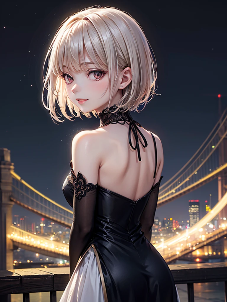 (​masterpiece),(top-quality:1.2),(4k anime),(perfect anatomy),((arms behind back)),(1 girl),the image of an albino girl with a mysterious aura,elegant clothes,short hair,elegant face,(Highly detailed elegant),sideways glance,view from side,down light,Through delicate lines and gorgeous colors,captivating smile,otherworldly hues,ethereal glow,on bridge,(night view)