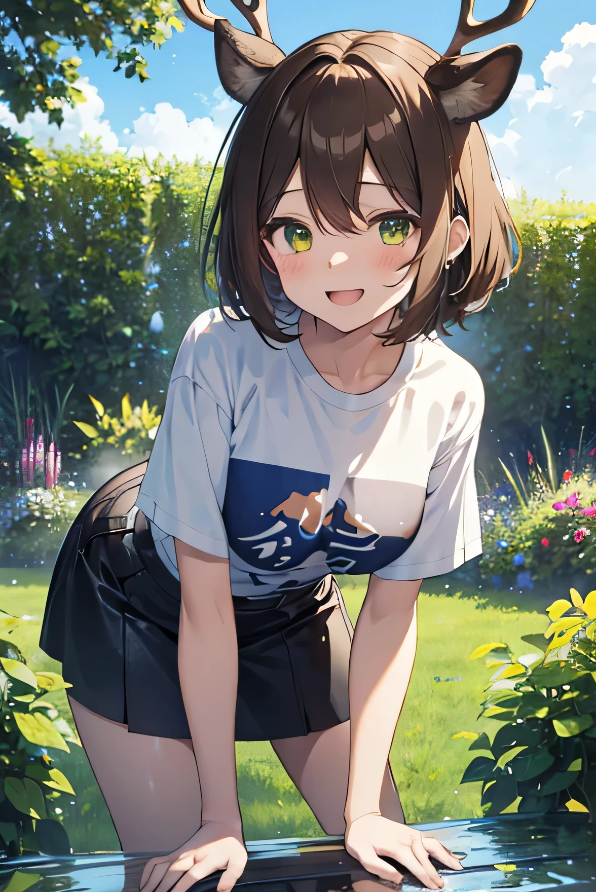 Masterpiece、Anime Coloring、Ultra fine、、、One Girl、Brown Hair、short hair、Yellow-green eyes、Open your mouth wide、Lower Angle、cowboy shot、looking at the camera、smile、blush、Watery eye、Parted bangs、DullＴshirt、Leaning forward、garden、blue sky、sunny、Small breasts、Deer horn