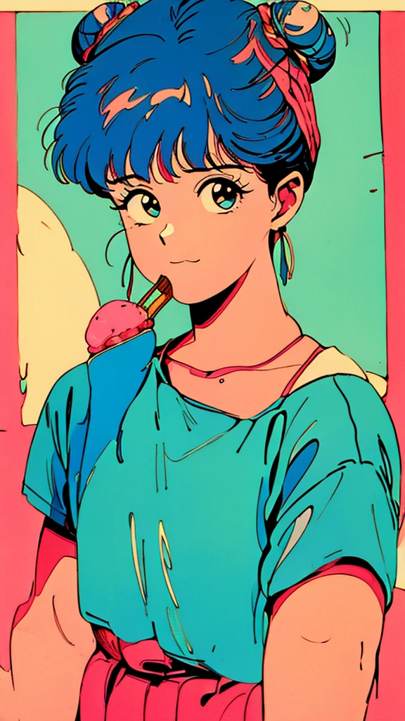 the 90s、Retro Pop、Eating ice cream、Girl with bun hair、The background is an amusement park