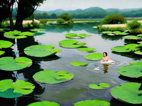 dark, moody portrait photograph featuring a woman partially submerged in water surrounded by large green lily pads. the subject ...