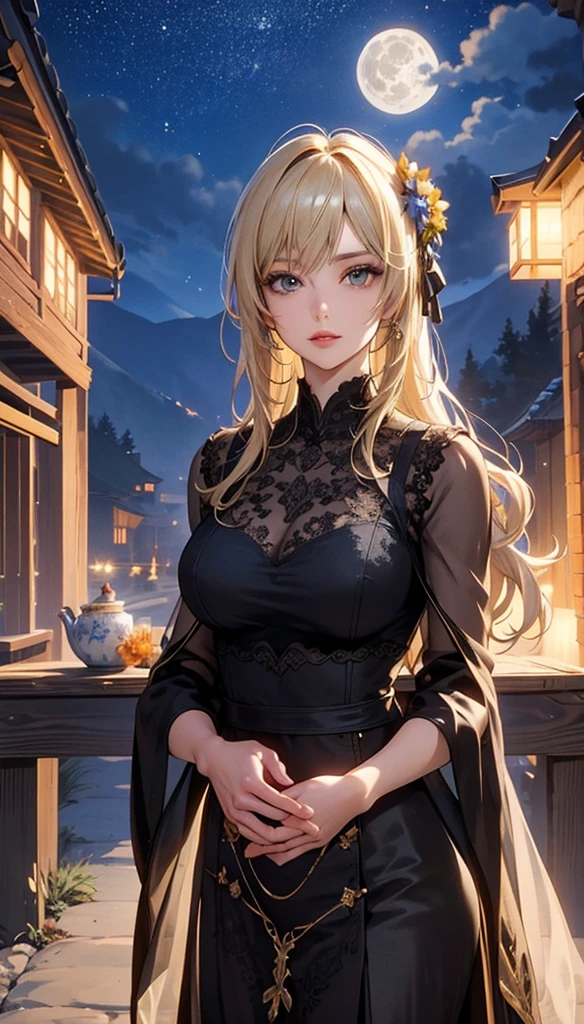 masterpiece, high quality, 4K, Beautiful design, silhouette，blonde， 非常に詳細な夜のStarry Sky,Flower Field， wonderful, Finer details,  Very knowledgeable woman, Highly detailed solo, 1 female,Big Breasts， dress，Night view，Starry Sky，full moon，