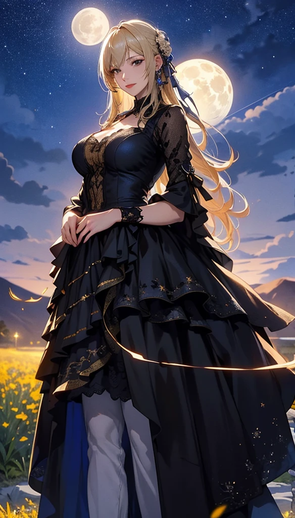 masterpiece, high quality, 4K, Beautiful design, silhouette，blonde， 非常に詳細な夜のStarry Sky,Flower Field， wonderful, Finer details,  Very knowledgeable woman, Highly detailed solo, 1 female,Big Breasts， dress，Night view，Starry Sky，full moon，