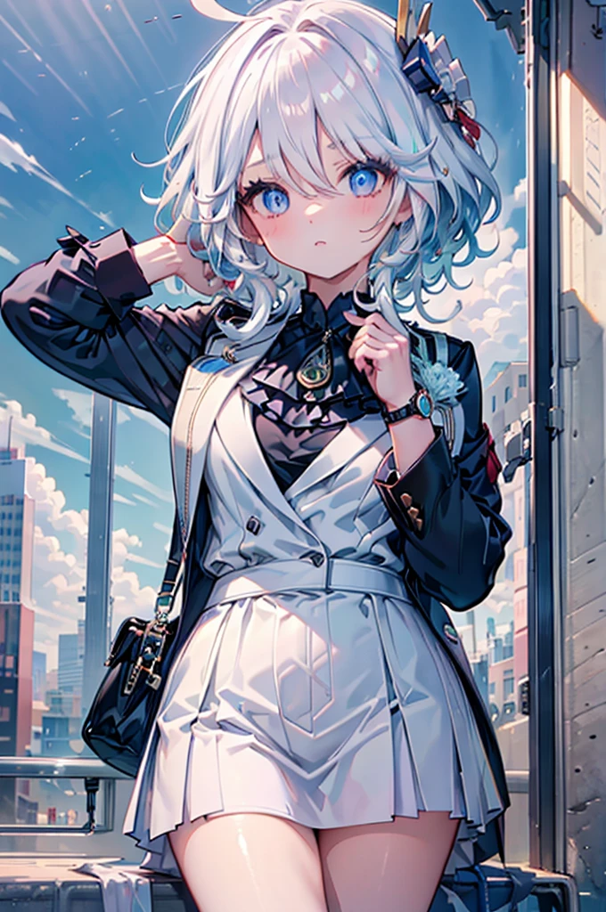 Best quality，tmasterpiece，1 plump girl，messy  hair，curled_the hair，The shirt，buisness suit，only，Kangjie，Wrist watch，choker necklace，looking over city，8K original image，Ultra-high resolution，highest details，complex，8K，HighDynamicRange