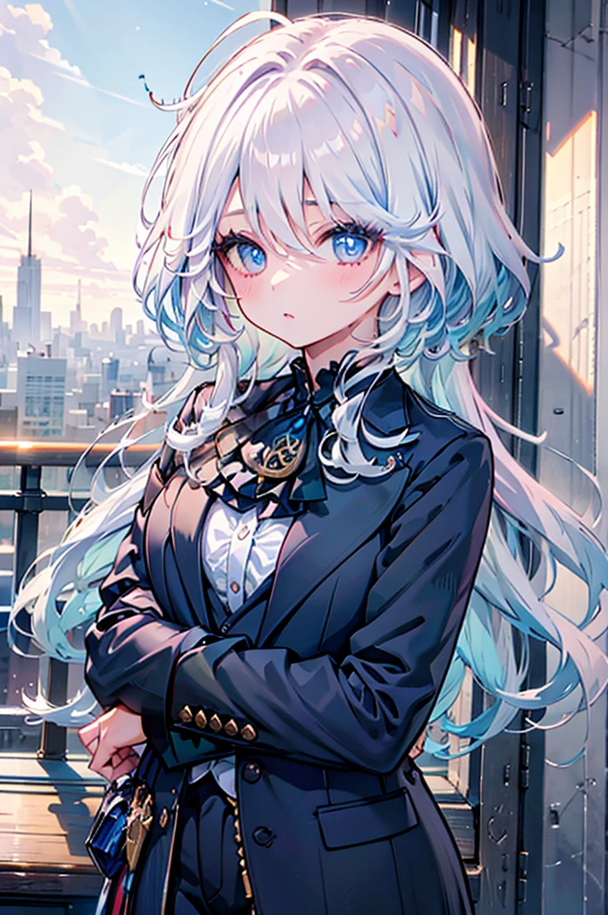 Best quality，tmasterpiece，1 plump girl，messy  hair，curled_the hair，The shirt，buisness suit，only，Kangjie，Wrist watch，choker necklace，looking over city，8K original image，Ultra-high resolution，highest details，complex，8K，HighDynamicRange