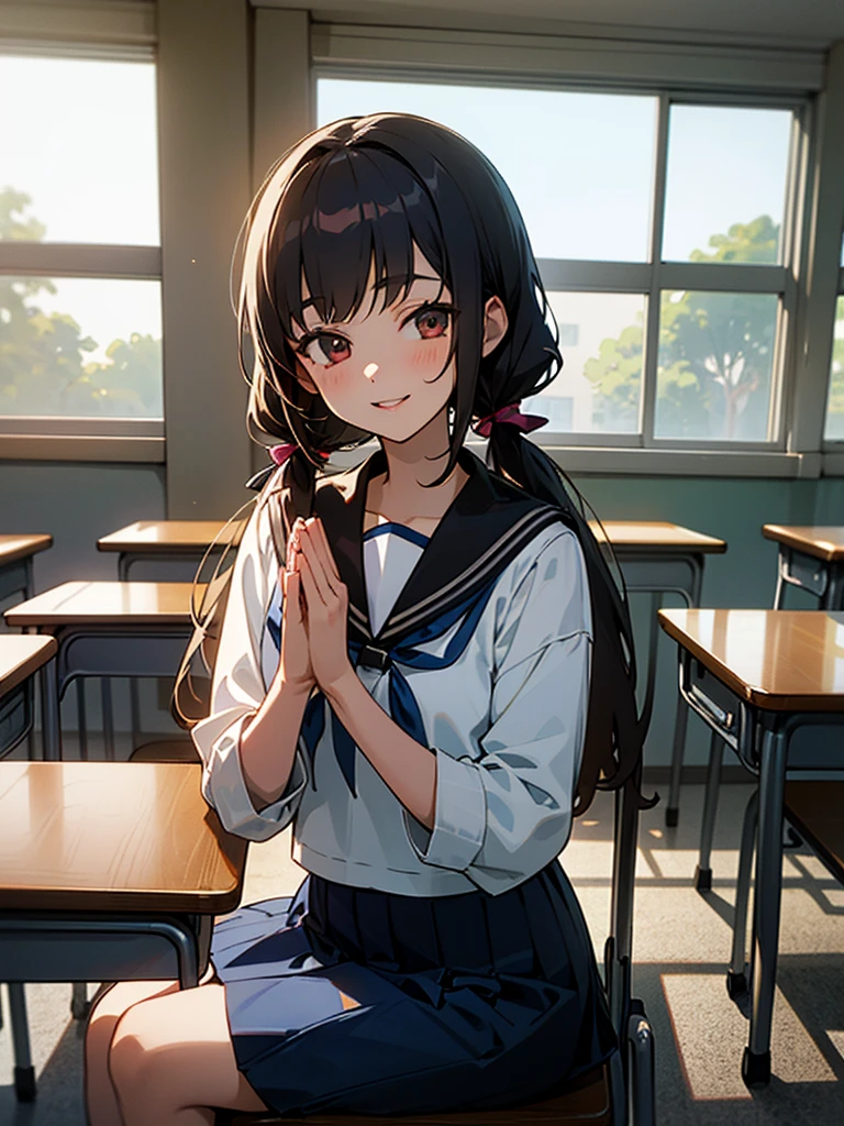 1girl, sitting, (join palms together), own hands together, praying, hands next to face, smile, (close mouth),15yo,
classroom, indoors, school chair, school desk, (low twintails girl), low pigtails, hair ribbon  white, very long black hair,
white serafuku with blue ribbon, navy-blue collar, navy-blue skirt,
(dark brown eye), afternoon, summer,
school,
(from front:1.4), upper body,
anime, high brightness, detailed face, detailed eyes,
(high quality, ultra detailed, masterpiece, FHD)