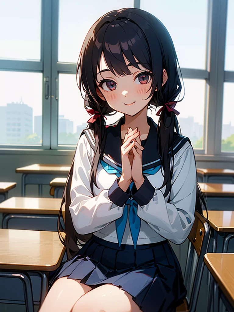 1girl, sitting, (join palms together), own hands together, praying, bend one's wrist, smile, (close mouth),15yo,
classroom, indoors, school chair, school desk, (low twintails girl), low pigtails, hair ribbon  white, very long black hair,
white serafuku with blue ribbon, navy-blue collar, navy-blue skirt,
(dark brown eye), afternoon, summer,
school,
(from front:1.4), upper body,
anime, high brightness, detailed face, detailed eyes,
(high quality, ultra detailed, masterpiece, FHD)