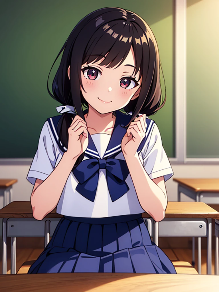 1girl, sitting, (join palms together), own hands together, praying, bend wrist, head tilt, smile, 15yo,
classroom, indoors, school chair, school desk, (low twintails girl), low pigtails, hair ribbon  white, very long black hair,
white serafuku with blue ribbon, navy-blue collar, navy-blue skirt,
(dark brown eye), afternoon, summer,
school,
(from front:1.4), upper body,
anime, high brightness, detailed face, detailed eyes,
(high quality, ultra detailed, masterpiece, FHD)