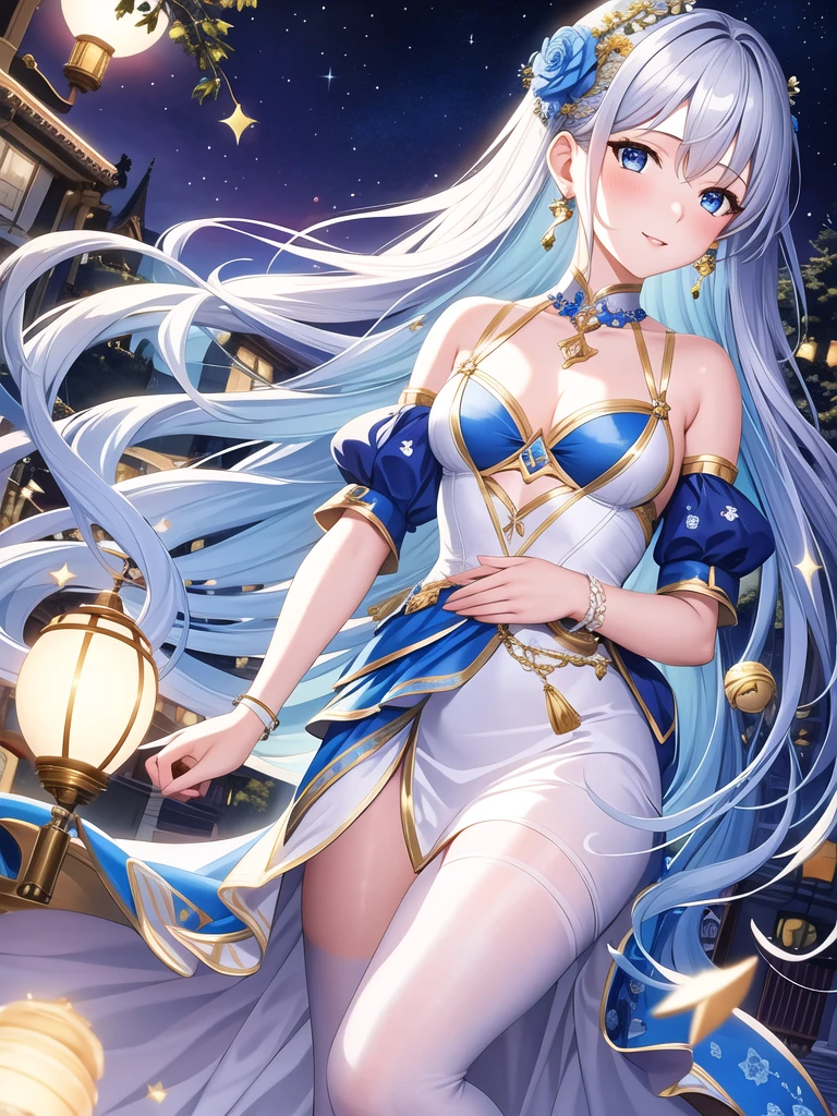 (masterpiece), highest quality, 1girl, alone, （trench jack）、kilt skirt、
a extremely delicate and beautiful girl, perfect details, super detailed illustrations, Close-up of girl, girls front, close up shot, head tilt, handsome figure, very long hair, Short wavy fine hair, asymmetrical bangs, eyes visible through hair, light silver hair, beautiful fine hair, Happy, delicate eyelashes, light blue eyes, with blue ornaments, blue hair ornament, earrings, wallpaper 8k CG, hyper quality, very detailed, night , moon, nature, flower、{{{{small breasts}}}}、highlight