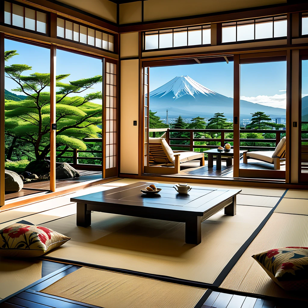 (masterpiece, top quality, best quality),(ultra-detailed, absolutely resolution),((16k, high res)),

BREAK {hyper-realistic photo of a traditional Japanese room (washitsu) with a view of Mount Fuji. The room should feature tatami mats, sliding shoji doors, and low wooden furniture such as a tea table and cushions. Through the large open shoji doors or windows, there should be a breathtaking view of Mount Fuji, framed by a serene Japanese garden with meticulously maintained plants and a small pond. The lighting should be soft and natural, enhancing the tranquility of the scene. Include elements like a scroll painting or calligraphy on the wall, and traditional Japanese tea set on the table. The overall atmosphere should be calm and serene, capturing the timeless beauty of Japanese architecture and the majestic presence of Mount Fuji.}

BREAK { (produces images with information more than 40 million pixels with cinematic-like detailed textures shot on a Sony SLR).}