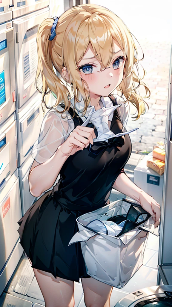 One girl,
Laundry room,washing machine, Laundry basket, a few underwears are in a Laundry basket,
Blonde, {{{short ponytail:1.3}}}、break,blush, bow, 赤いbow, Black tank top、,, skirt, プリーツskirt, 黒いskirt, Very small breasts,
{{{Face close-up}}},Upper Body,,Pay attention to the panties,Quality underwear,
Look up,View your viewers,Looking up、From above、
Present white panties,
Tabletop, Highest quality, , Absurd, Perfect Skin, Detailed skin texture, Ultra-detailed, 8K, Intricate details, Beautifully detailed face,High resolution,
 {{{Shadowed face}}}, mock, , Glare、Get angry、, , Looking up at the viewer, masterpiece,Absurd, Beautiful detailed face when viewed from the front,