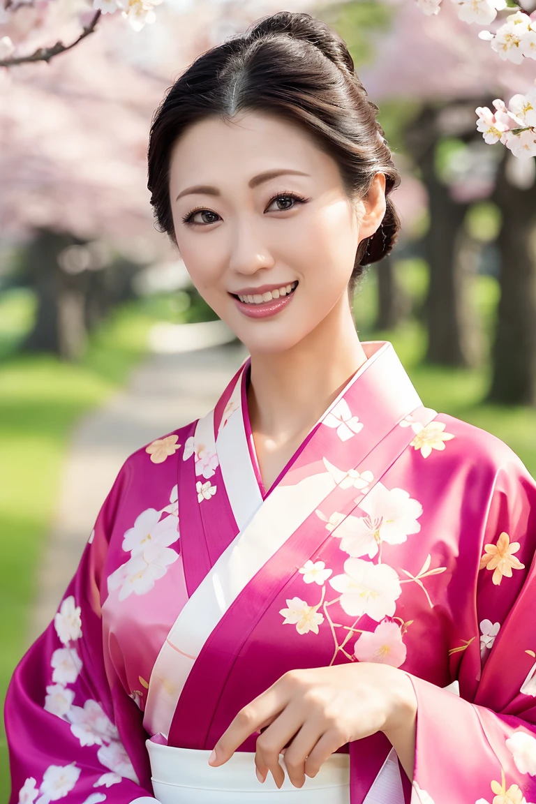 (Highest quality、Tabletop、8K、Best image quality、Award-winning works)、(One beautiful mature woman:1.1)、Adult face、(Innkeeper:1.1)、(A top-quality kimono with an elegant floral pattern:1.2)、(A kimono with a perfect and precise collar:1.2)、Perfect mature woman portrait photo、Glowing Skin、Standing Elegantly、(Strongly blurred cherry blossom park background:1.3)、(Strongly blurred background:1.2)、Glowing Skin、Very beautiful skin、(Accentuate your body lines:1.1)、(The most graceful posture:1.2)、(Large Breasts:1.2)、(Voluptuous body:1.3)、A perfect smile、Perfect beautiful glossy lips、(Accurate anatomy:1.2)、(A perfect and elegant outfit:1.1)、(Standing with good posture:1.1)、(Beautiful, elegant and top-quality patterned kimono:1.2)、、(Perfect and natural beautiful sleeves:1.2)、(A perfect and natural beautiful collar:1.2)、(Perfect and natural beautiful sleeves:1.2)、(An elegant and high-quality patterned kimono obi:1.4)、(Perfect wide belt:1.2)、(A perfect and natural beautiful kimono obi:1.1)、(Chignon:1.3)、(Close-up of face:1.5)、(Smile looking at me:1.2)