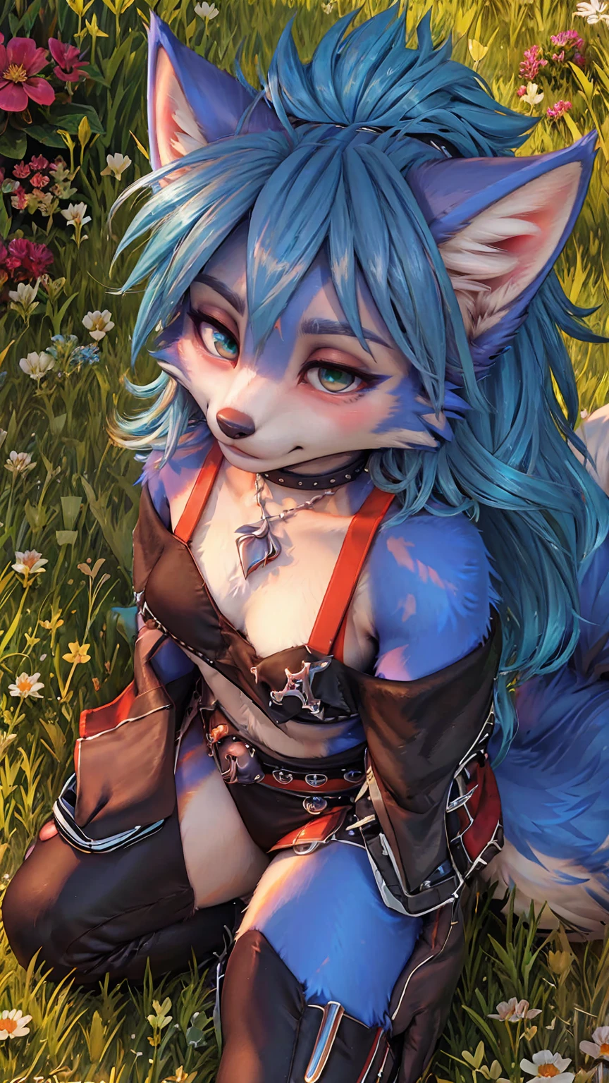 A beautiful and detailed (sweet portrait) wa ((Krystal)), Star Fox Krystal, sslim, lovable, green eyes, medium breasts, (((Long blue hair 1.3))), Decollete, anthro, furry, Uploaded E621, detailed fluffy fur, (wa Fluff-Kevlar, Bayard Wu, Personalami, Pino Daeni), detailed face, (fluffy), 1 girl, alone, sweet girl, ((lies on a meadow:1.3)), looks at the viewer, viewer is above the, her whole body is visible from head to toe, 