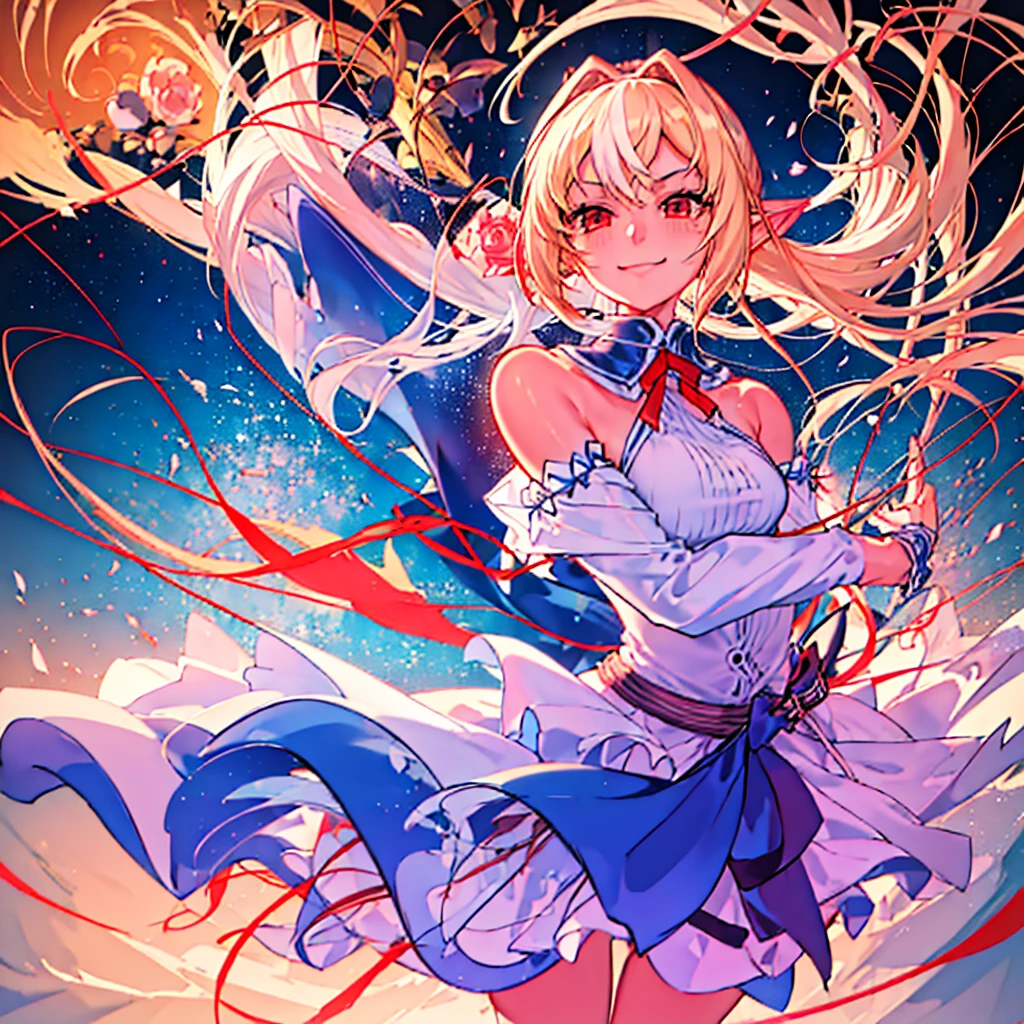 2d, masterpiece, best quality, anime, highly detailed face, highly detailed eyes, highly detailed background, perfect lighting, cowboy shot, 1girl, solo, shiranui flare, dark elf, white dress, detached sleeves, red ribbon, neck ribbon, long hair, blue bow, hair bow, smile 