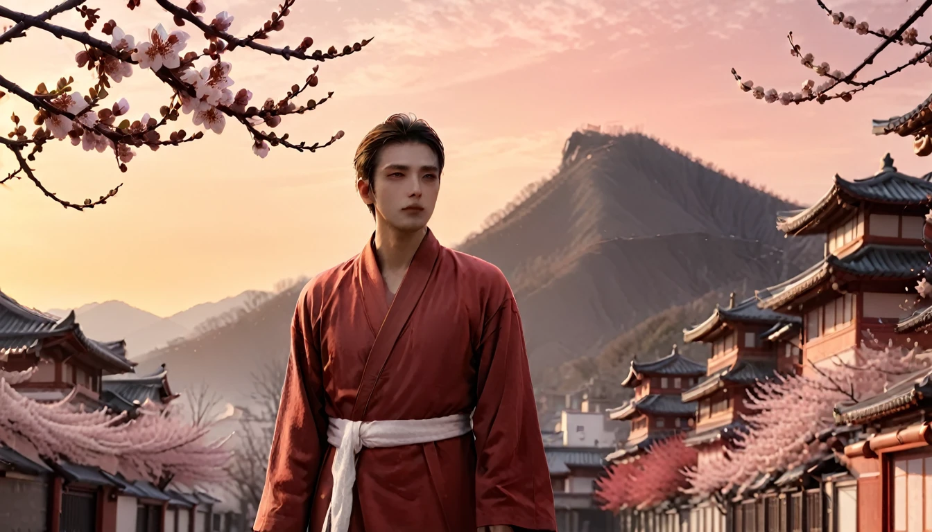 evening，The setting sun dyes the sky red，A handsome man in a robe standing in front of plum blossoms，Sad look，Facing the dusk alone