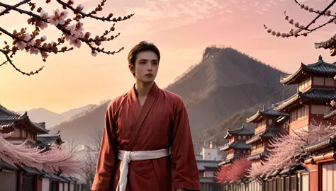 evening，The setting sun dyes the sky red，A handsome man in a robe standing in front of plum blossoms，Sad look，Facing the dusk al...