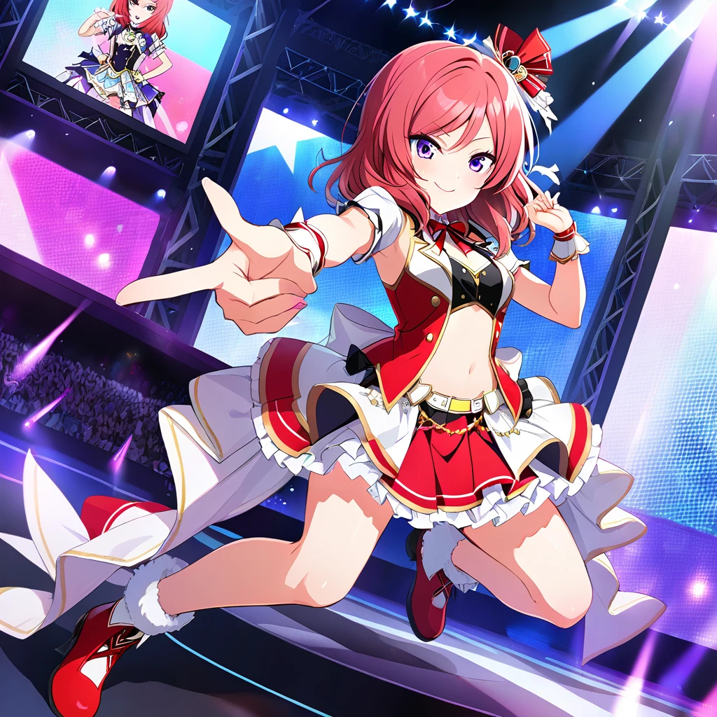 One girl, Nishikino Maki, purple eyes, full body picture, live stage, small breasts, idol costume, smile, solo, id Nishikino Maki, character focus,Pointing at the viewer