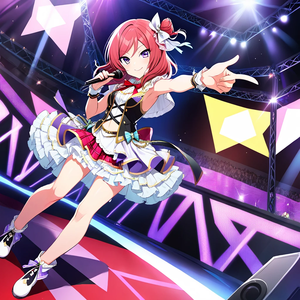 One girl, Nishikino Maki, purple eyes, full body picture, live stage, small breasts, idol costume, smile, solo, id Nishikino Maki, character focus,Pointing at the viewer