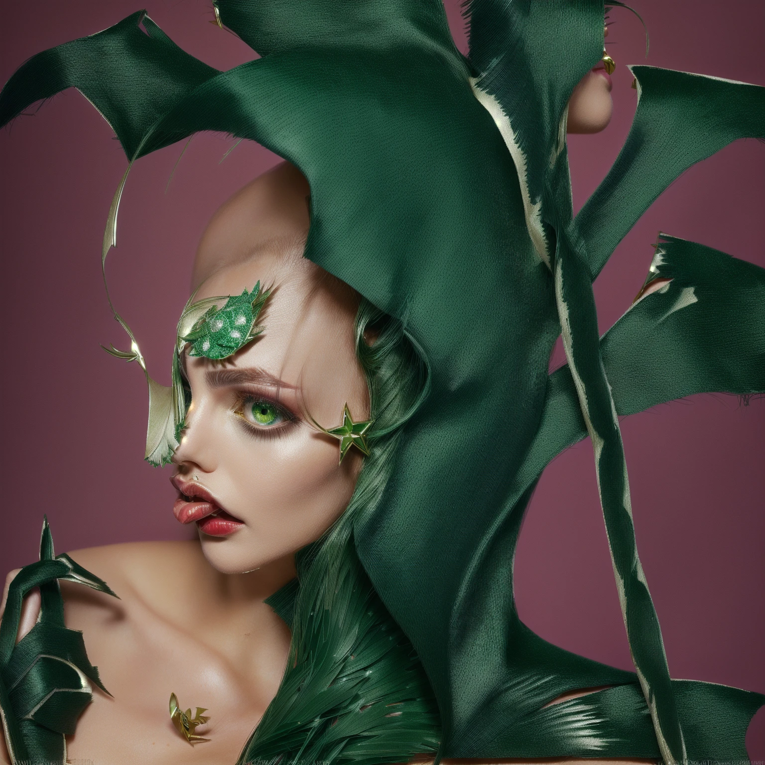 Master Piece, best quality, (extremely detailed CG unity 8k wallpaper), (best quality) 8k detail. painting of ONE beautiful woman with slick pulled back hair, green eye shadow, green eye lashes, shiny red star diamond hoop earing. red glossy lips, she is wearing a cape with four pointed extensions coming out of the neck cowel. the extensions have bend at a right angle, the extensions bend away from her face like flower petals. the extensions have thin feather hairs on the surface, the body of the cape is silky leather. illustrated by Paris Karounos
