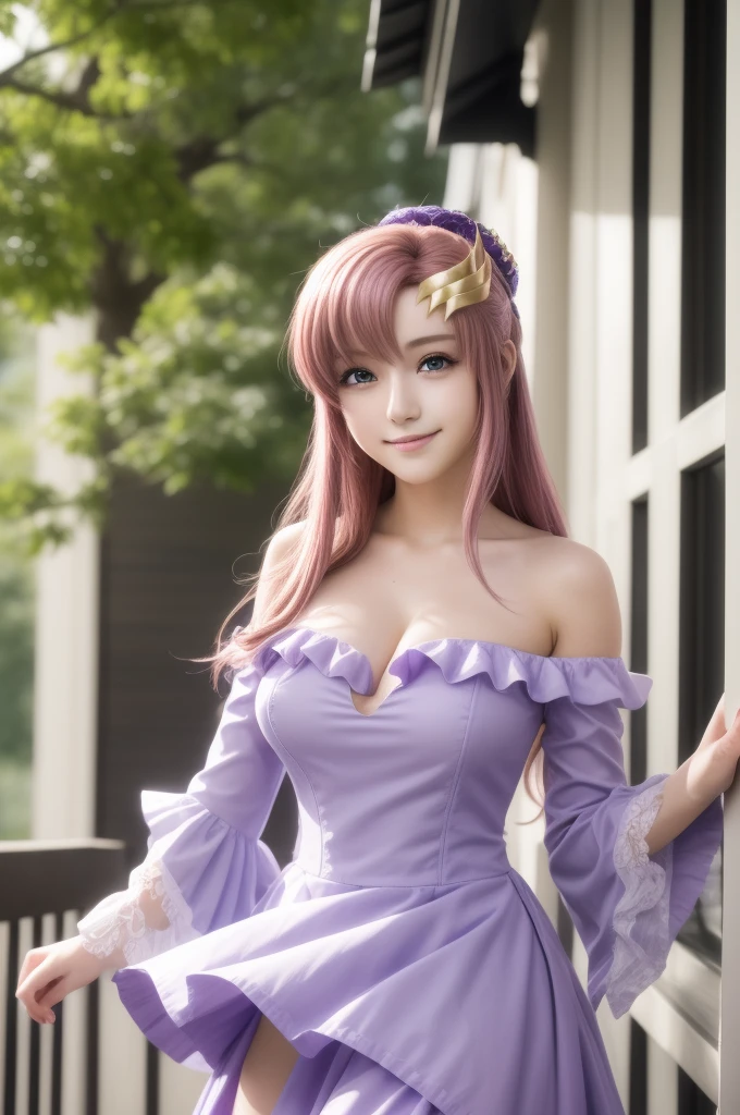 lacusclyne, lacus clyne, (purple eyes:1.1), hair ornament, long hair, wave hair ornament, pink hair, smile, open mouth,
BREAK dress, long dress, long sleeves, white sleeves, frills frilled skirt, frilled sleeves, detached sleeves, bare shoulders, purple skirt, purple frills,
BREAK 1girl, 20 years old, (Generous Breasts:1.2), Plump shape, 
BREAK looking at viewer, (cowboy shot:1.5),
BREAK outdoors, space, star \(sky\), sun, 
BREAK (Highest quality、4K、8K, masterpiece:1.3), Ultra detailed face, Detailed lips, Detailed eyes, double eyelid, BREAK, (Encouraging smile:1.3), (Seductive pose:1.5), (dynamic pose:1.3), dynamic angle, BREAK, 