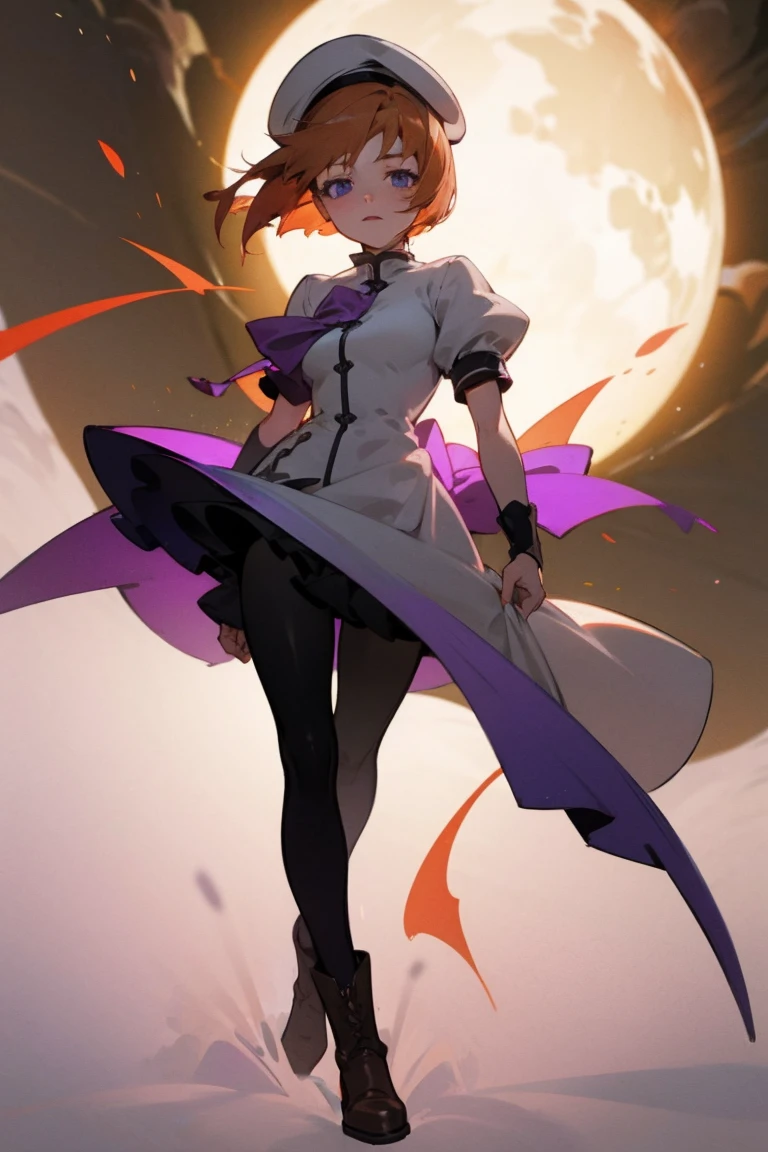 One girl，Beautiful viewasterpiece、Highest quality)，Short Hair,Orange Hair，Blue wristband，Purple ribbon，，Short sleeve，,Light colors,White Beret，Blue eyes,White slit dress，Black tights，whole body，Brown boots，battle，