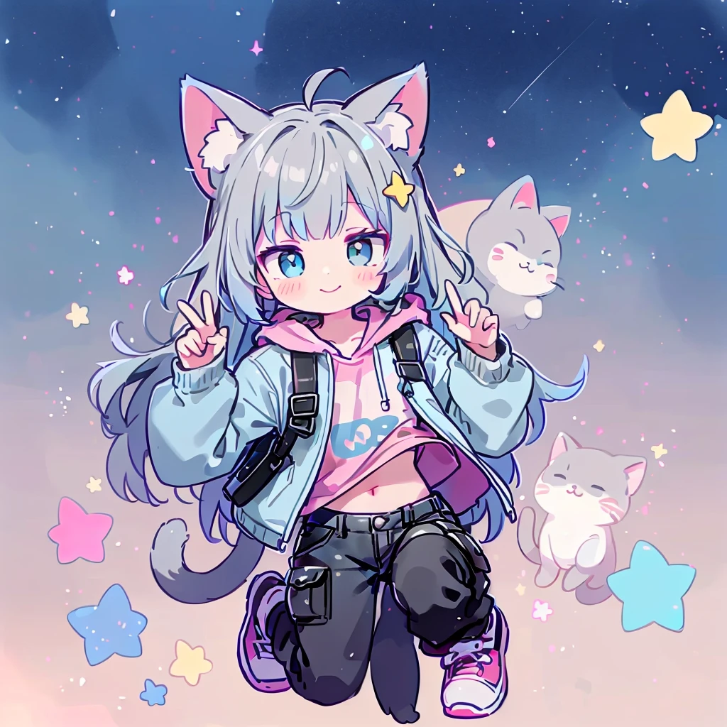 ((Highest quality，masterpiece，Extremely complex and exquisite details，A short girl with gray and blue cat ears and long hair is in the center，Gray blue super long straight hair，Curly hair at the ends，Sparse air bangs，Gray and pink T-shirt with xJ lettering，Denim hooded cropped jacket，Black and gray long cargo pants))，(pink and white sneakers，Smile slightly，Surrounded by tons of cute short-legged cats，Correct anatomy)，Super Q super cute short full body portrait，Starry sky background vertical painting space scene