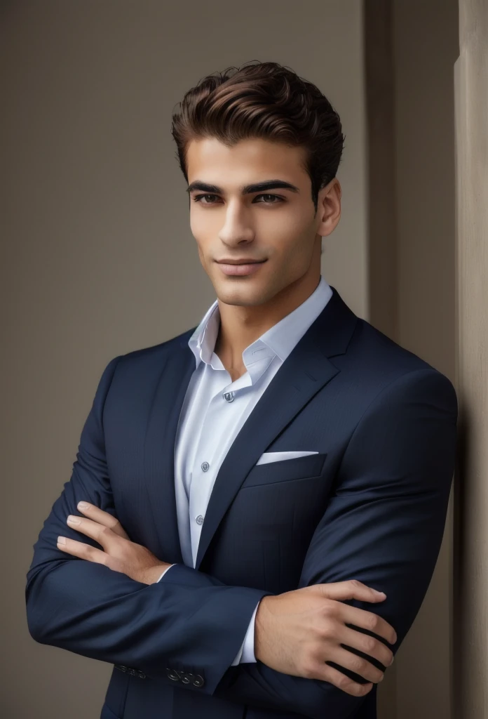 arafed man in a สูท with his arms crossed, หล่อและสง่างาม, ผู้ชายหล่อ, หล่อและมีเสน่ห์, ผู้ชายที่น่าดึงดูด, ผู้ชายที่มีเสน่ห์, ผู้ชายหล่อ, A well-maintained แบบอย่าง., แบบอย่าง, หนุ่มหล่อ, ชายหนุ่มรูปงาม, มีเสน่ห์และดูดี, ชายหนุ่มที่มีเสน่ห์, สูท ， ใบหน้าที่สมบูรณ์แบบ, Luxury fashion แบบอย่างs, wearing business สูท