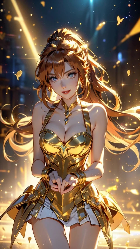 Gold Armor, 4K image, assembly, best quality, masterpiece, movie lighting ，Sexy，Large Breasts，Cleavage，action，In battle，Cleavage，Smile，noble，light beam from hand，Golden lightning surrounds，Red hair，Ponytail hairstyle，Saint Seiya Leo Aiolia，Blink，Lipstick，High purchase price