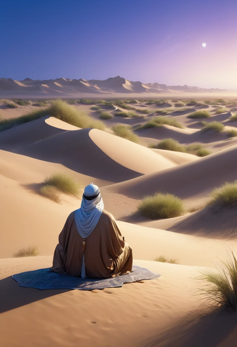 8k, Large paysage étendu, Réaliste, dunes de sable, parcelles d'herbe, oasis lointaine, Mille et Une Nuits inspirées, Un homme assis sur le sable portant des robes du désert