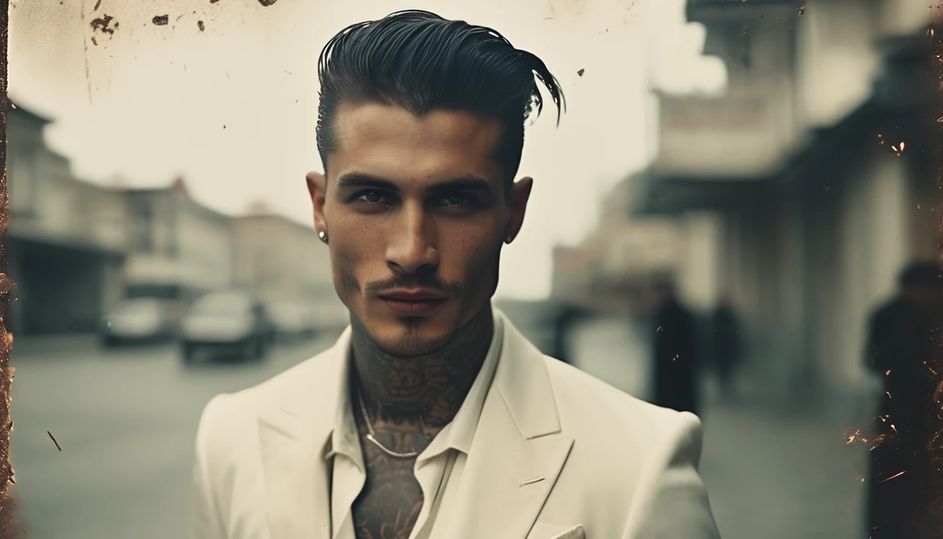 35mm vintage street photo of a handsome man, slick back hair, muscular, gangster, neck tattoo, face tattoo, head up, white suit, white shirt,evil laugh, determined eyes, glowing eyes, proud, scary, eerie, dark, lucifer, in the street, bokeh, professional