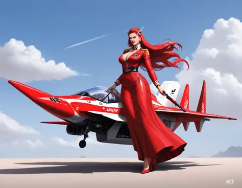A girl in a red long skirt combines with an F117 fighter jet
