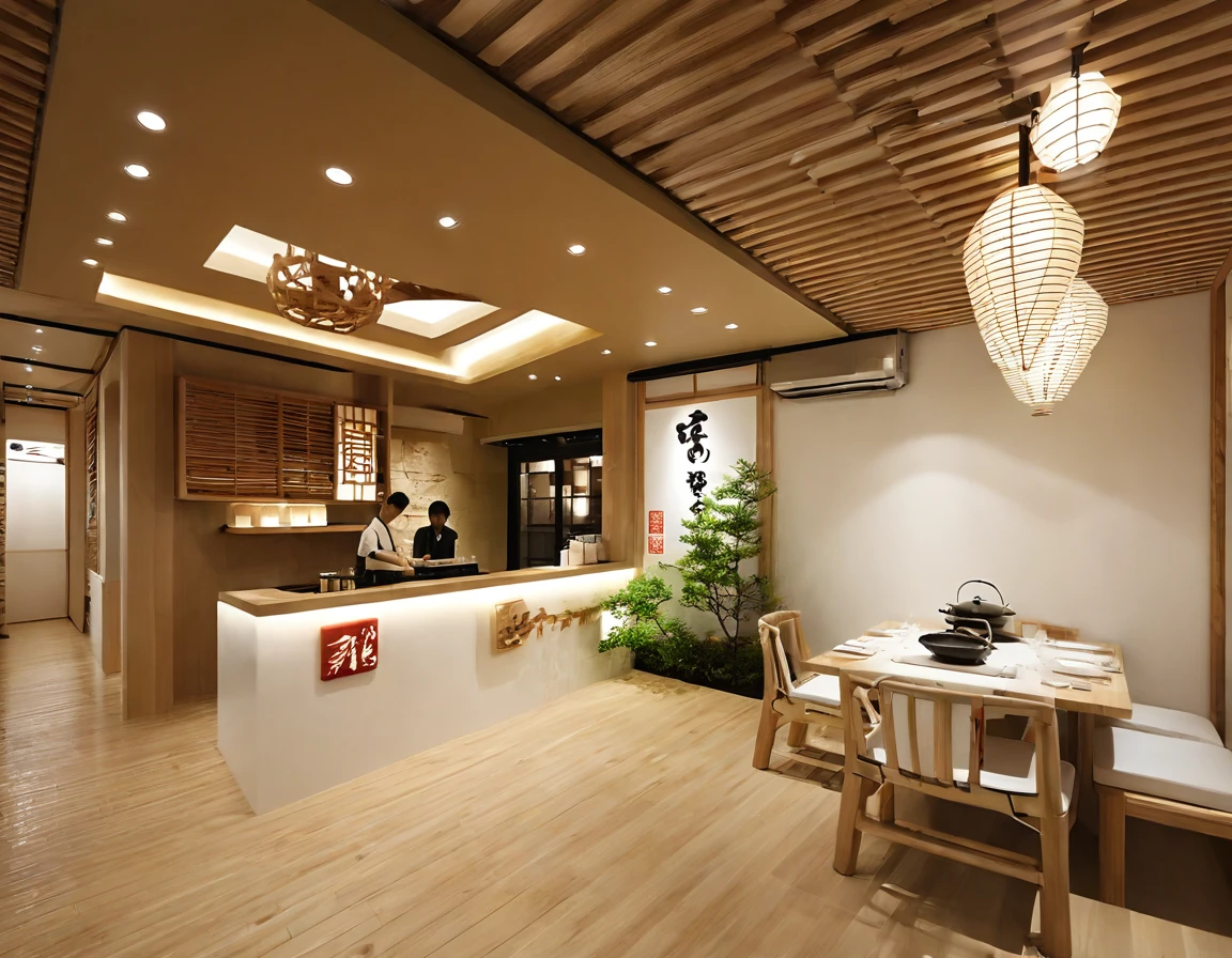 (MASTER INTERIOR DESIGNS), (GOOD DETAIL) An interior shot of a reception space in a ramen restaurant with a modern Japanese style. The space is decorated with Japanese details and has a white color scheme. The restaurant is inspired by the Hokkaido region of Japan and features mountain-themed decor. The space is well-lit and has a warm and inviting atmosphere.