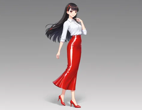 F117戦闘機と合体するRed long skirtの女の子、A girl with two M60s、White shirt showing her 、Red long skirt、Bare legs and leather shoes