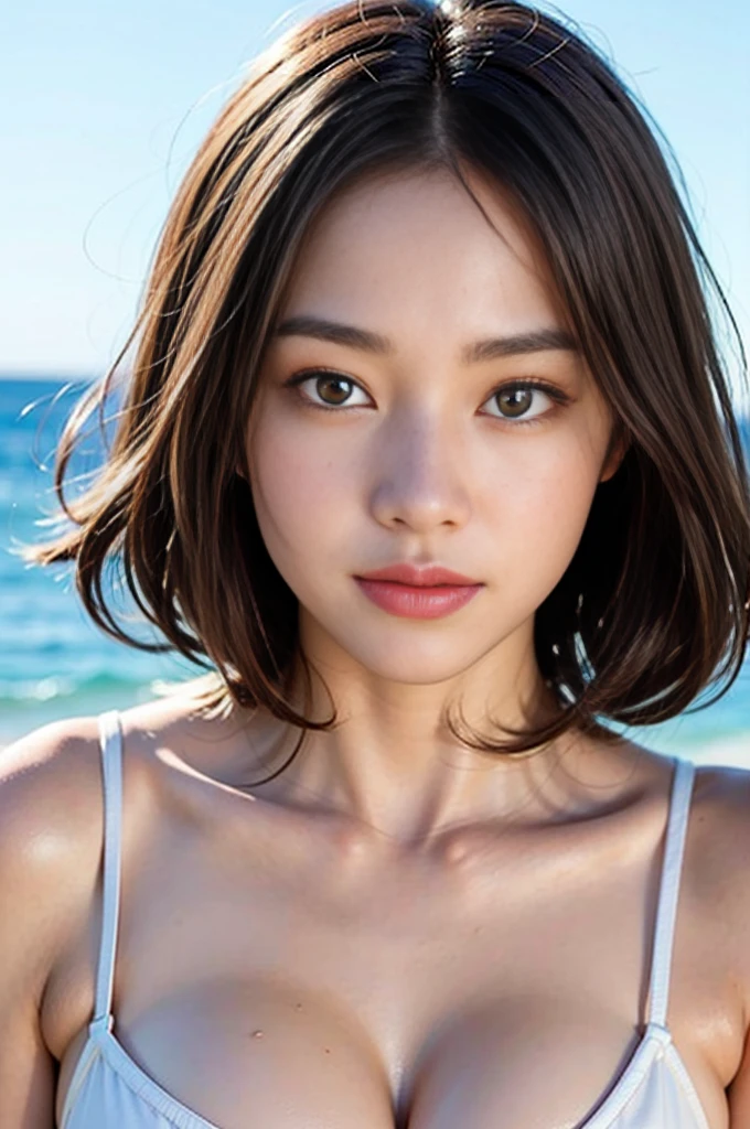 ((Highest quality)),((8K、32k)),(Genuine)、(detailed)、(Beach)、((Bust up shot))、((face closeup))、(White skin)、(Big Breasts)、The best balance between face and shoulder width、Micro Bikini、Shiny Hair、Short Bob、Glowing Skin、Japanese、beauty、Looking into the camera、Thick lips、cute、Hehehe:1.2、Shot with a film camera、RAW shooting、#24、Genuine、フォトGenuine:1.4、Photon Mapping、Physically Based Rendering、Perfect Anatomy、detailedなデコルテ、detailedな目、detailedな二重、detailedな咬筋、detailedな鎖骨、Perfect Fingers、Finger Description、(品質 8K)、((White skin))、Avoid mascara、Hair with movement、detailedな毛穴、Natural light、detailedな描写、Blushing、Fine pores、Perfect cleavage、masterpiece、Blushing、detailedな腹筋、sexy、detailedな脇の下、(slender)、(Upper Body)、detailedな目元、bangs、