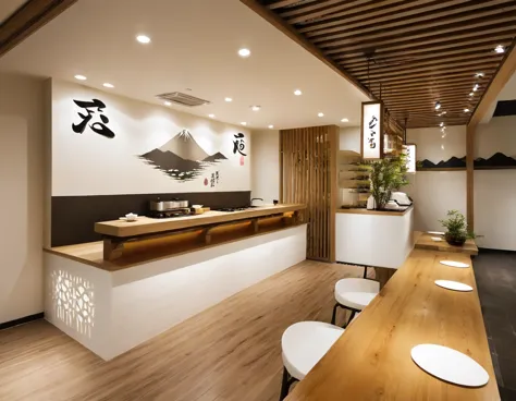 (master interior designs), (good detail) an interior shot of a reception space in a ramen restaurant with a modern japanese styl...