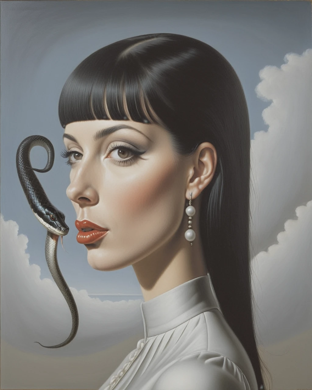 vue latérale, fille blanche, à, cheveux noirs, a une frange. Avoir les yeux totalement noirs, langue fendue comme un serpent, et piercing sur la bouche et les sourcils - estilo surrealista, Oeuvre d&#39;art surrealista, rêver comme, René Magritte très détaillé, Oeuvre d&#39;art, Haute définition, chef-d&#39;œuvre, peindre comme, HD (CORRIGER LE SERPENT