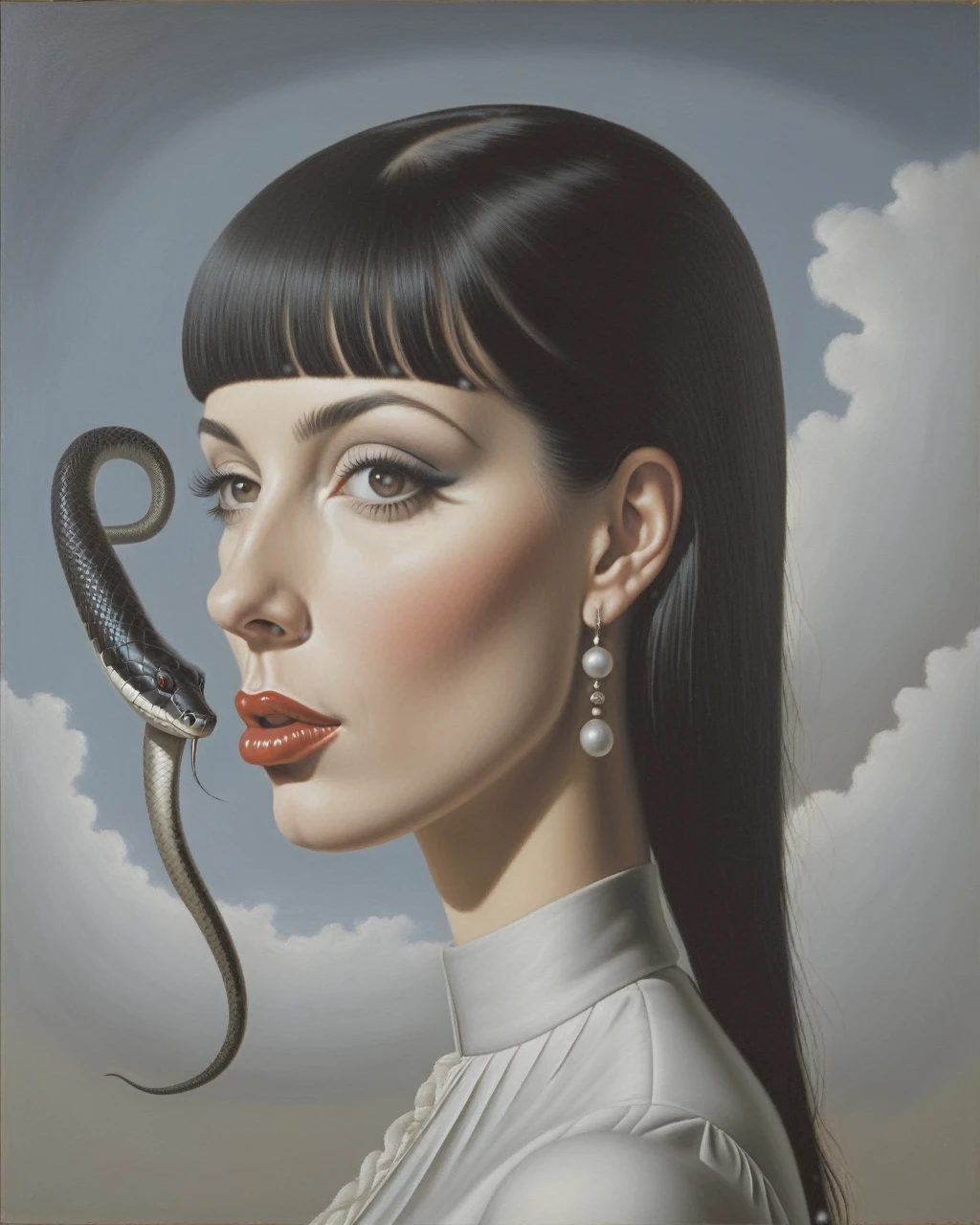 vista lateral chica blanca con cabello negro, tiene flecos. Tener ojos negros totales., lengua partida como serpiente, y piercing en boca y ceja - estilo surrealista, Obra de arte surrealista, soñar como, Muy detallada René Magritte, Obra de arte, alta definición, obra maestra, pintura como, alta definición (CORREGIR LA SERPIENTE