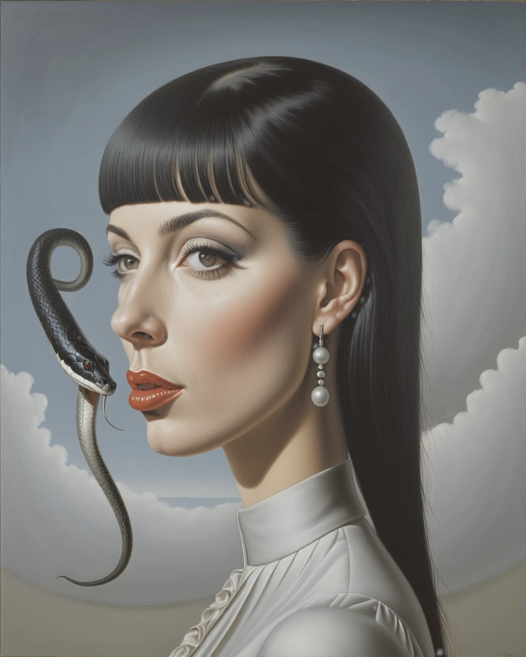 side view white girl with black hair, has fringe. Have total black eyes, split tongue like snake, and piercing on mouth and eyebrow - estilo surrealista, obra de arte surrealista, Sonhe como, Highly detailed René Magritte, obra de arte, High definition, masterpiece, painting like, HD (CORRECT THE SNAKE